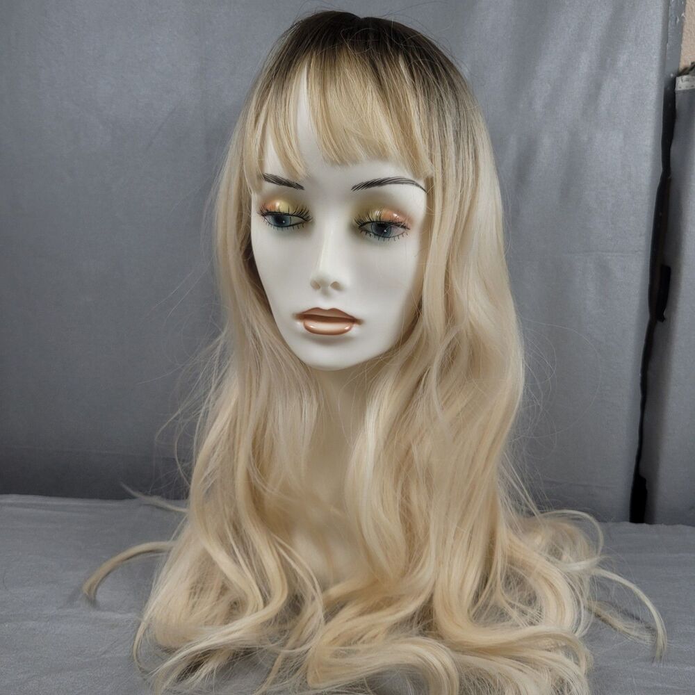 Wig 24" Synthetic Hair bangs Dark Brown Gold Long Wavy Curly Blonde Cosplay